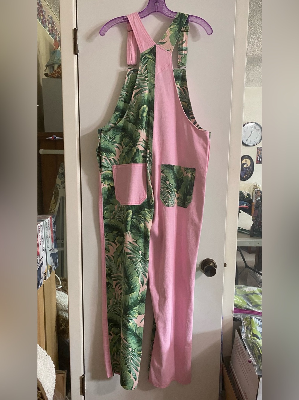 Homemade tropical, print and pink women’s overalls. 100% cotton made by me. - Picture 2 of 13
